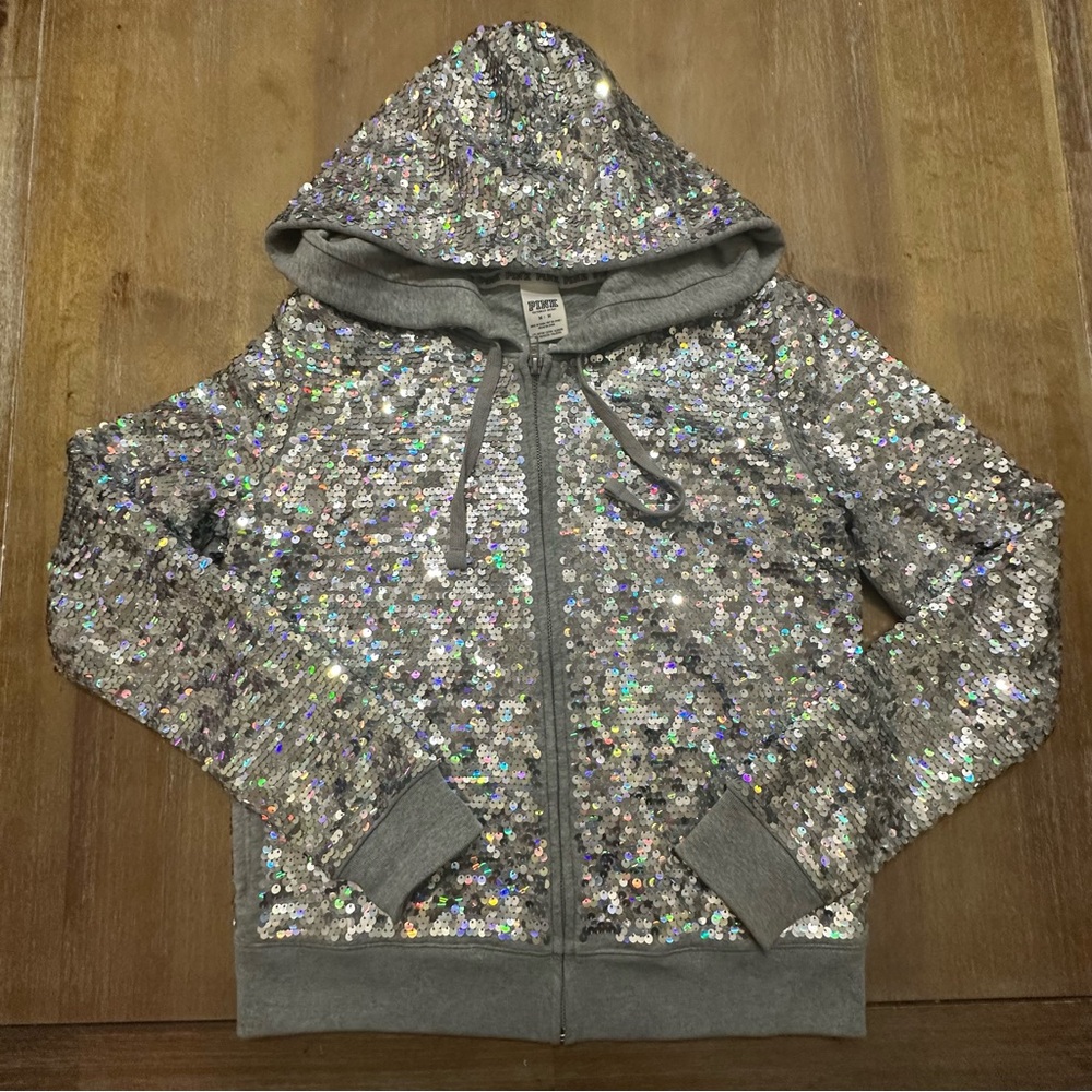 PINK Victoria's Secret Silver Gray Sequin Hoodie
